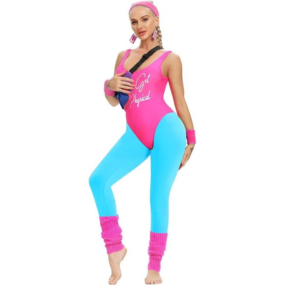 Womens 80s Workout Costume Set Neon Leggings Headband Wristbands Fit All - Picture 2 of 5